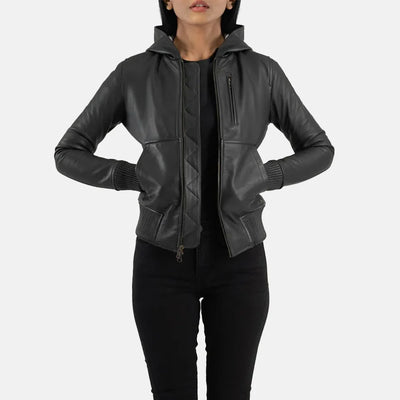 Cinnamon Hooded Leather Bomber Jacket for Women | Order Now