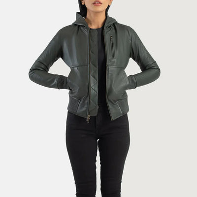 Cinnamon Hooded Leather Bomber Jacket for Women | Order Now