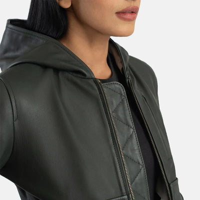 Cinnamon Hooded Leather Bomber Jacket for Women | Order Now