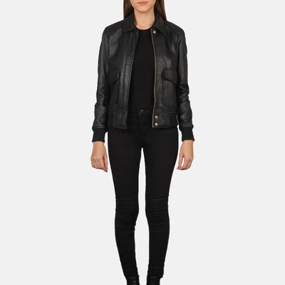 Ivy League Leather Bomber Jacket for Women