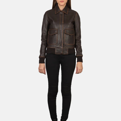 Ivy League Leather Bomber Jacket for Women