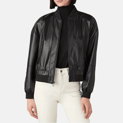 Metro Sleek Leather Bomber Jacket for Women