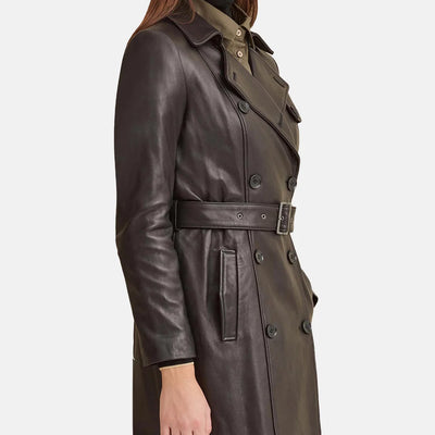 Mocha Chic Leather Trench Coat With Belt