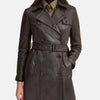 Mocha Chic Leather Trench Coat With Belt